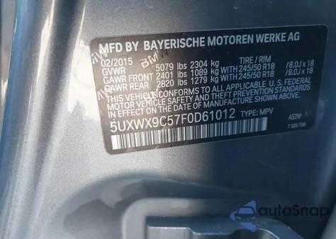 2015 BMW X3 xDrive28I из США, поврежденный, VIN 5UXWX9C57F0D61012